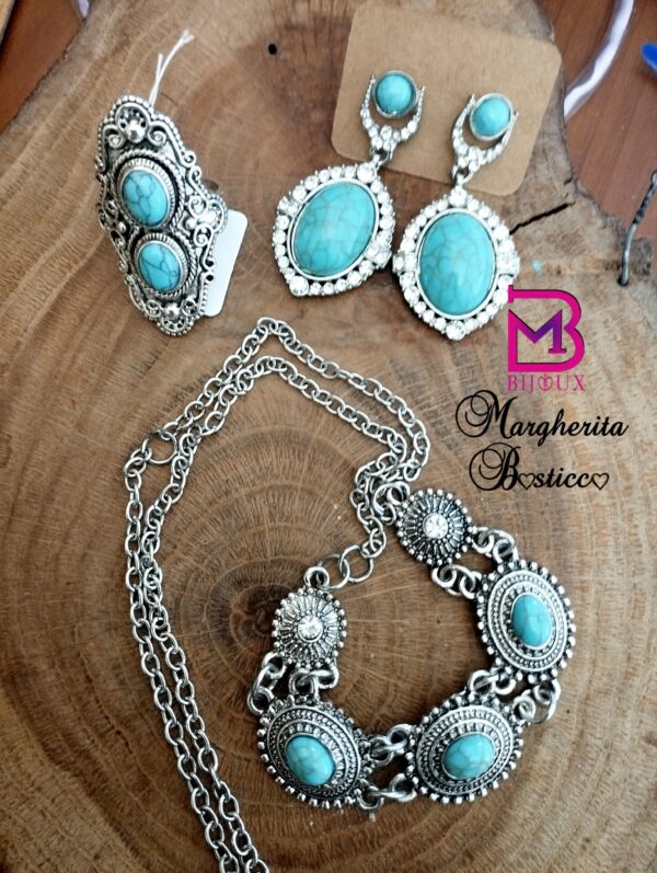 Parure collana, orecchini e anello con turchesi