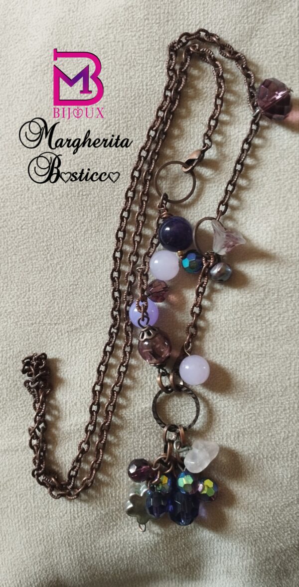Collana in bronzo con quarzo rosa e ametista