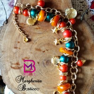 Bracciale estivo doppio con madrepora di corallo e ambra grezza