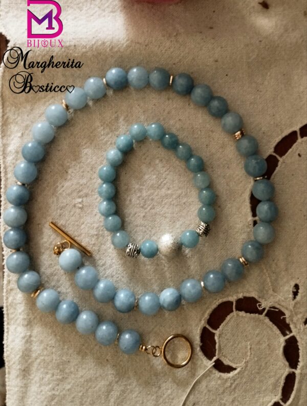 Bracciale elastico con acqua marina e centrale argentato - immagine 2
