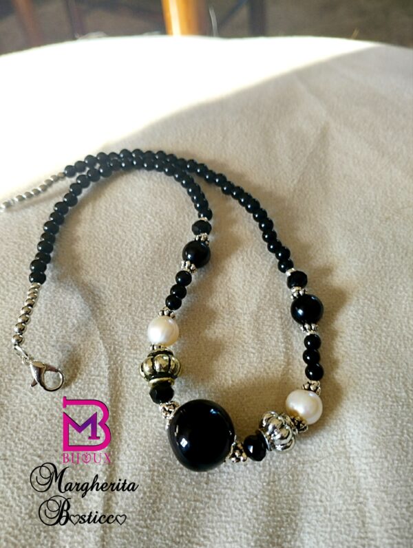 Collana della parure di agata nera e perle di fiume collana girocollo con agata nera e perle di fiume bianche con argento tibetano